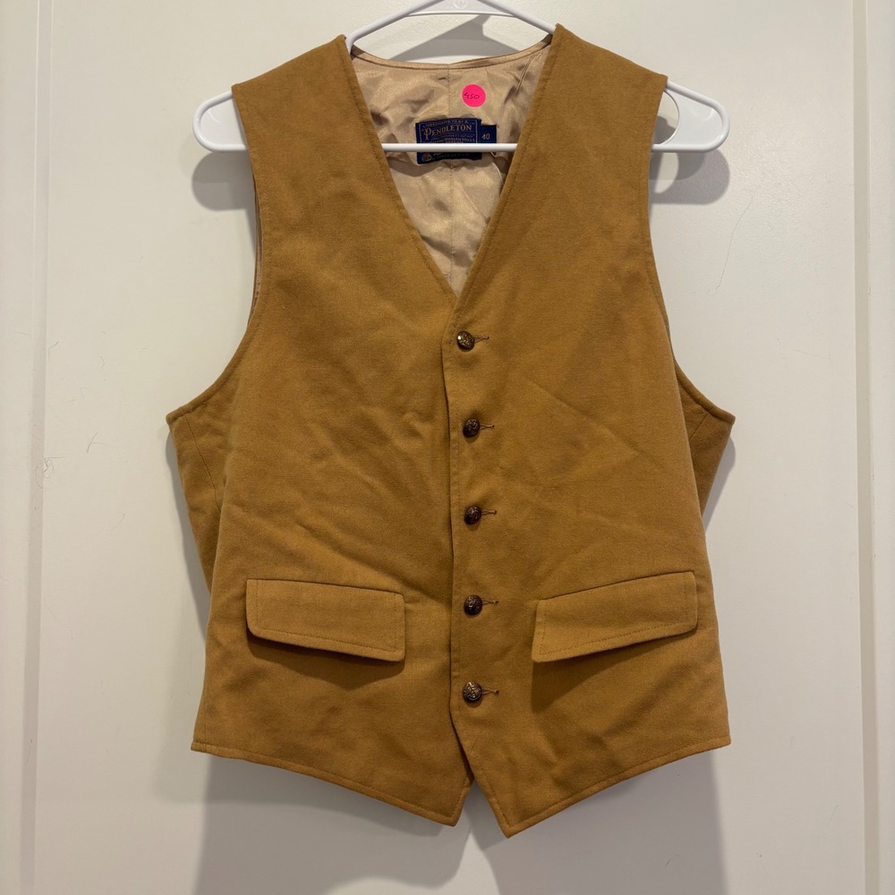 Vintage Pendleton Mens Wool Vest Tan Camel Button Front Made in USA Size 40
